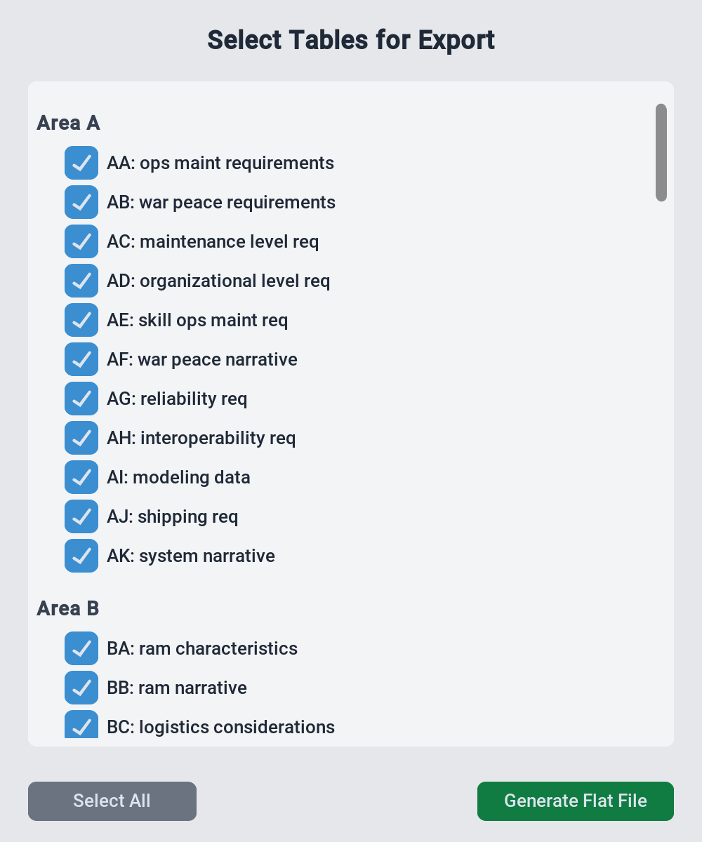 Export dialog selecting tables to compile into a flat file