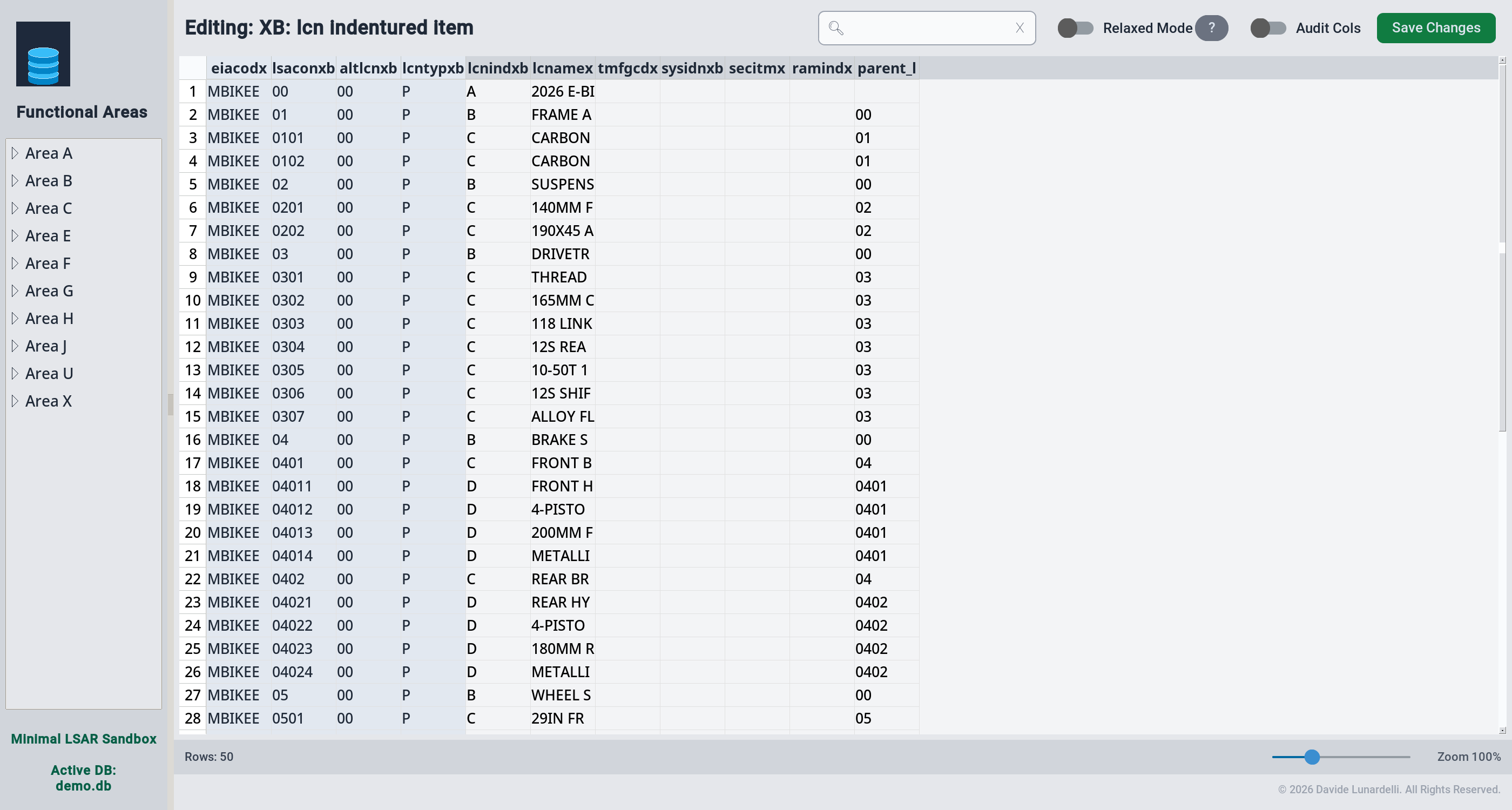 Relational grid editor showing the XB LCN indentured item table