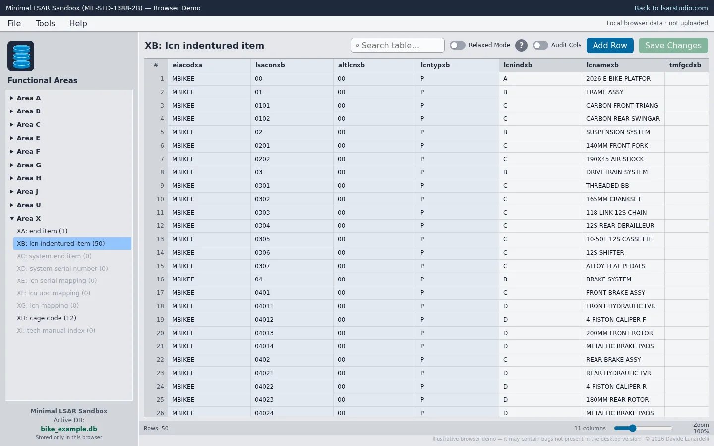 Minimal LSAR browser demo showing the populated XB LCN indentured item table